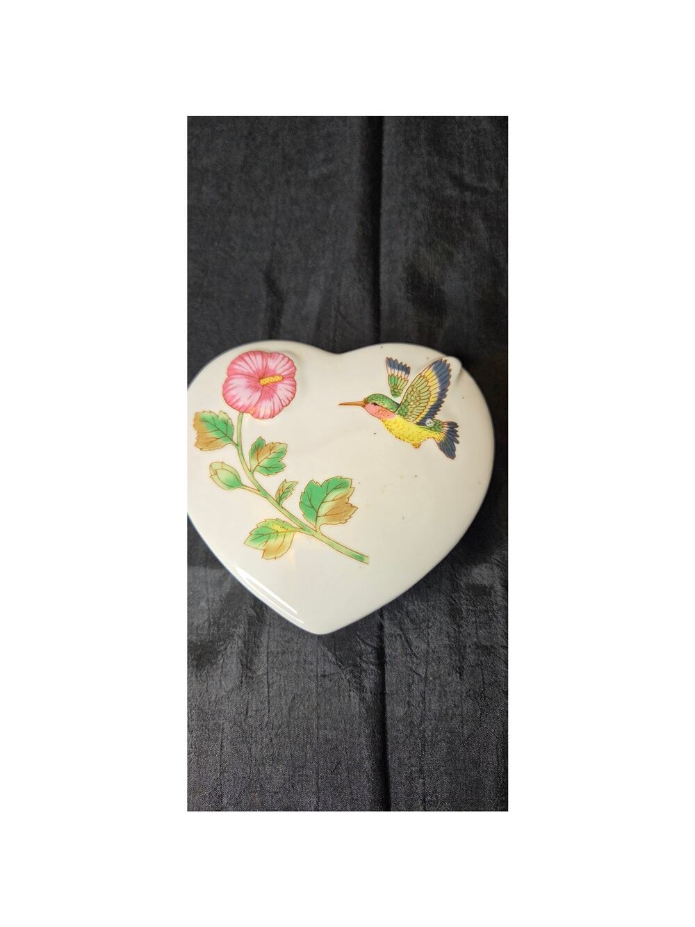 Heart Shaped Trinket Box Hummingbird & flower